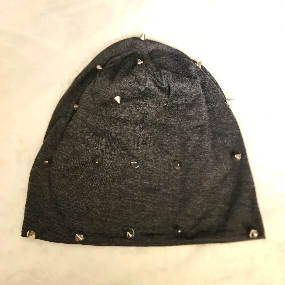 Dark Heathered Gray with Silver Studs Knit Beanie